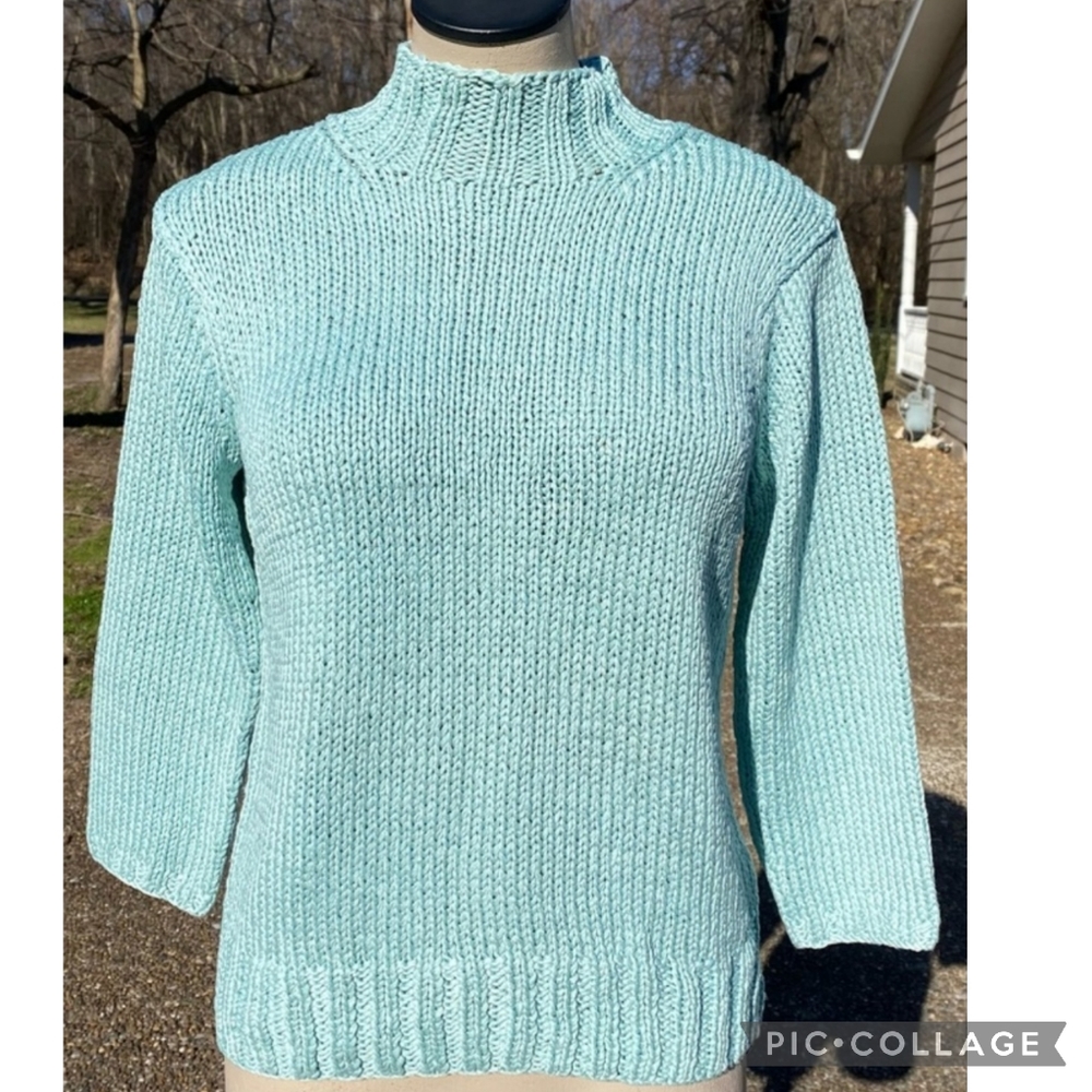 Neiman Marcus Silk Mint Green Knit Sweater 3/4 Sleeve Mock Turtleneck Size L
